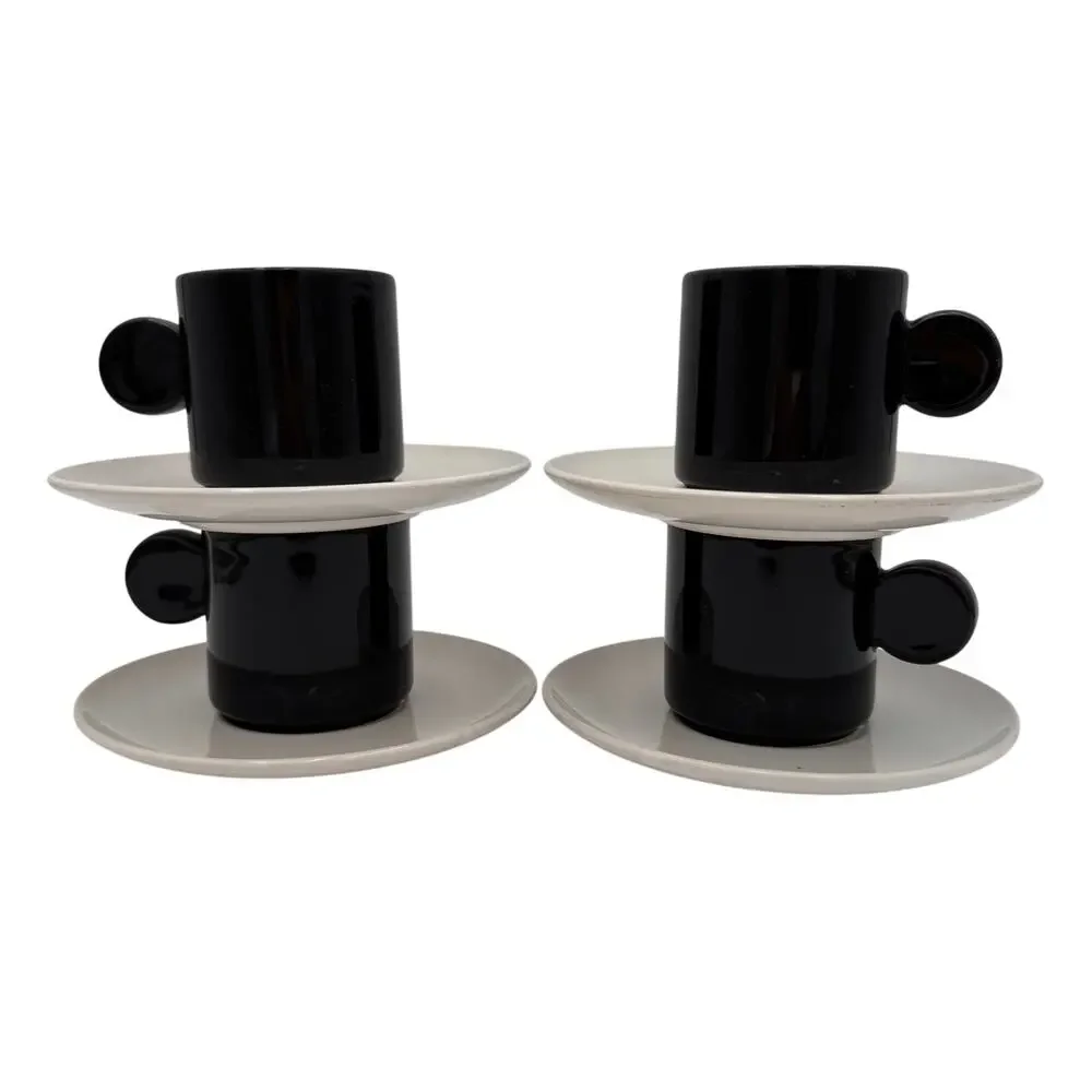 Vintage Coffee Espresso Cups & Saucers Set of 4 Pier One Imports Black White